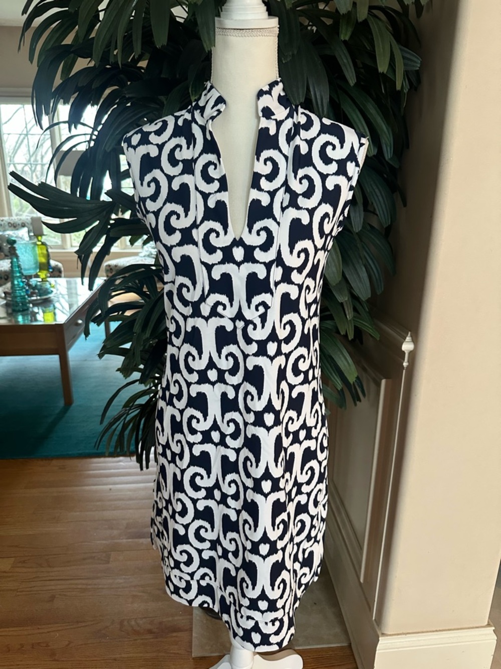 💙Jude Connally Navy & White Allison IKAT Scroll Link Print Sleeveless Dress S💙